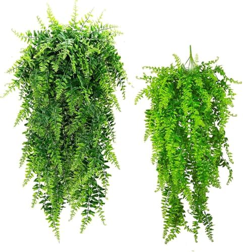 GBESTWOOW Fake Fern Artificial Hanging Ferns Outdoor Faux Hanging Greenery Plant Indoor UV Resistant Plastic Plants for Wall, Wedding Party, Holiday Decor-2Pcs by GBESTWOOW