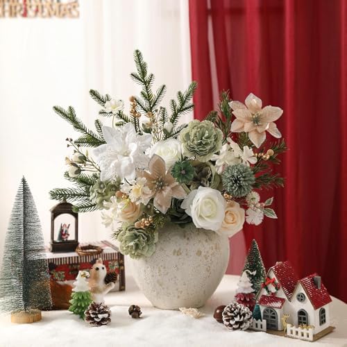Christmas Artificial Flowers Set with White Poinsettia, Fake Roses and Greenery for DIY Christmas Decor - Wreath, Tree Ornaments, Wedding Bouquets, Centerpieces, Home Floral Arrangemen - Image 3