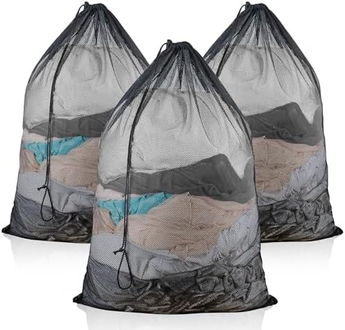 3 Pack Large Mesh Laundry Bag, 24 x 36 Inch Mesh Wash Bag with Drawstring Closure, Delicates Bag for Washing Machine - Perfect for College Dorms, Travel, Laundromats, Apartments (Black) by Unknown