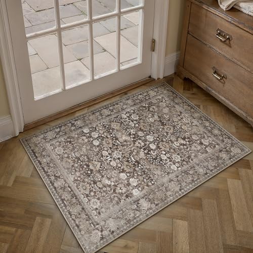 HUGEAR 2x3 Coffee Brown Vintage Floral Washable Area Rug for Entryway by HUGEAR