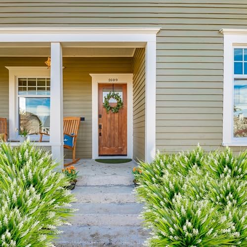 Sggvecsy 12 Bundles Artificial Plants Outdoor Faux Lavender Flowers Fake Monkey Grass UV Resistant Plastic Greenery Plants for Garden Home Porch Window Patio Hanging Planter Indoor Decor (White) - Image 4