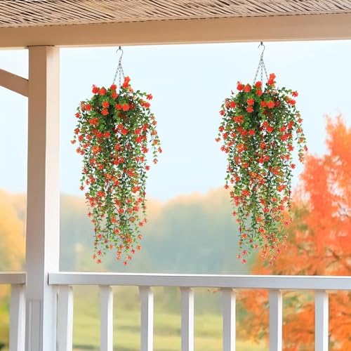 Artificial Hanging Flowers for Outdoor Indoor Decor, 6 Packs Fake Eucalyptus Vine Faux Flower Greenery Garland Plastic Plants Outside UV Resistant Wall Garden Wedding Home Party Decor (Orange) - Image 3