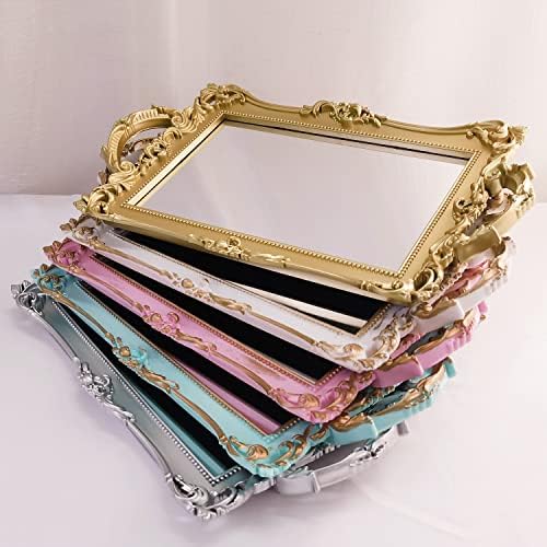Small Rectangle Decorative Mirror Tray, French Style, Makeup Organizer, Jewelry Organizer, Serving Tray, 13"x 7.8", Golden Blue - Image 7