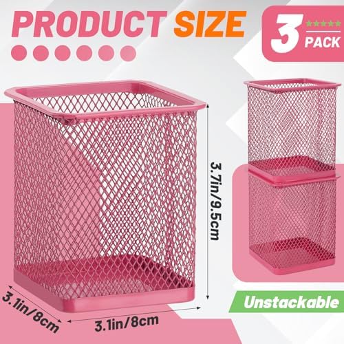 Segarty Pen Cup Holder, 3 Pack Square Dark Pink Pen Holder for Desk, Cute Mesh Pencil Cups Container Set for Office Supply, School Classroom, Home Desktop Storgae and Organization, Brushes Organizer - Image 2