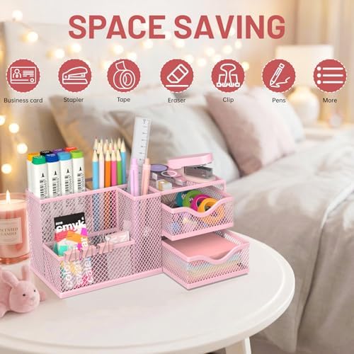 Mesh Desk Organizer with 2 Drawers, Metal Pen Holder for Desk, Pink - Image 5