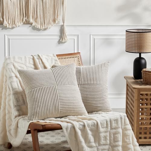Fancy Homi 2 Packs Neutral Taupe Decorative Throw Pillow Covers 16x16 Inch for Living Room Couch Bed, Rustic Farmhouse Boho Home Decor, Soft Corss Patchwork Corduroy Textured Square Cushion Case 40cm - Image 6
