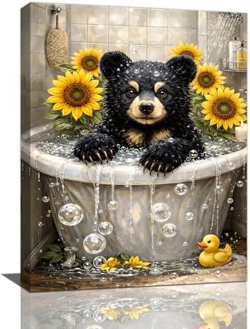 Sunflower Bear Bathroom Decor Pictures Wall Art, Funny Bear Bathroom Wall Decor, Animal Framed Painting Canvas Artwork for Bathroom Bedroom Living Room Decorations 20" L x 16" W by Taimeng