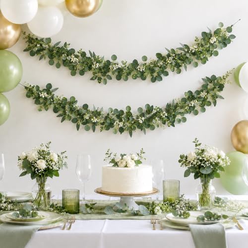 2 Pack 6 FEET Artificial Eucalyptus Garland Faux Silk Leaf Silver Dollar Eucalyptus Leaves Vines Handmade Garland Greenery Wedding Backdrop Indoor Outdoor Decoration - Image 5