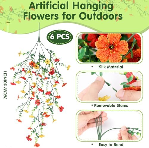 6 Pcs Fall Artificial Hanging Flower Outdoor, Red, Yellow, Orange - Image 2