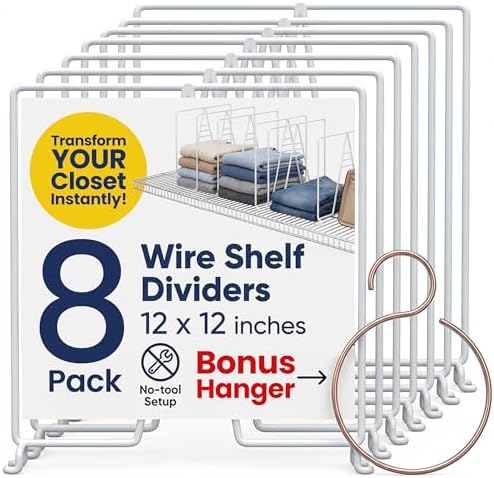 White Wire Shelf Dividers for Closet Organization – 8-Pack – Sturdy and Easy Set-Up Closet Shelf Dividers with Bonus Rose Gold Hanger – 12 inches x 12 inches by NeatlyMade