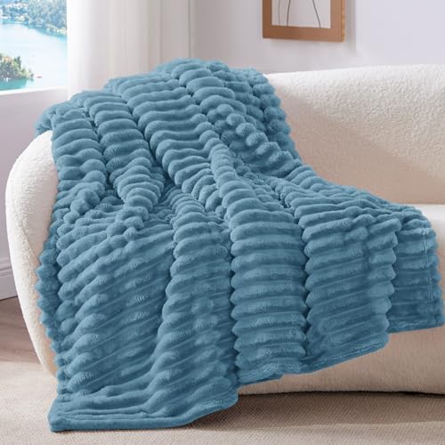 BEDELITE Ribbed Fleece Throw Blanket for Couch, Blue, 50"x70" - Image 2