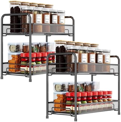 Spice Rack Organizer for Countertop 2 Pack, 2-Tier Counter Foldable Metal Standing Large Seasoning Storage Shelf for Kitchen Cabinet Bathroom Living Room Pantry Office, Black by Xpatee