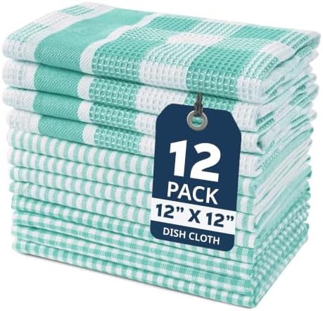 LANE LINEN 100% Cotton Kitchen Dish Cloths, Ultra Soft Absorbent Quick Drying Dish Towels, Multiweave Wash Cloths Dish Towel Sets, 12x12 Inches, 12 Pack - Aqua by LaneLinen