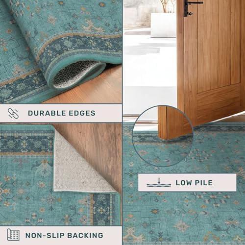 5x7 Teal Rug for Living Room, Boho Turquoise Rugs for Bedroom, Modern Eclectic Low-Pile Carpet for Dining Table, Washable Non-Slip with Rubber Back - Image 5