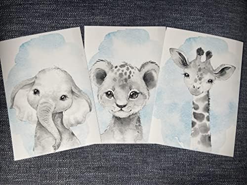 Safari Animals Baby Boys Nursery Set of 3 Unframed Wall Art Prints, Gray Baby Animals with Blue Watercolor Style Splash, Elephant Lion Giraffe, Child Bedroom Nursery Decor Posters (11x14) - Image 2