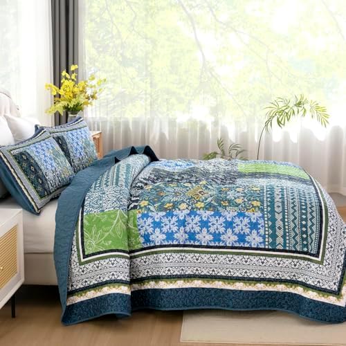 WONGS BEDDING Boho Quilt Queen, 3 Pieces Teal Patchwork Quilt Soft Coverlet Reversible Lightweight Farmhouse Quilts with 2 Pillow Shams for All Seasons (96"x90") - Image 3
