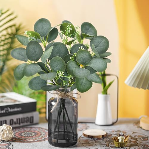 Der Rose 13.5" Sage Green Faux Eucalyptus in Black Vase for Bathroom Decor - Image 6