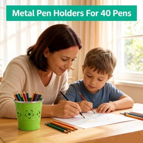 Noamus 9 Pack Metal Pen Holder, Desktop Pencil Bucket with Hollow Flower Cutouts, Colorful Makeup Brush Storage Cup, Versatile Cutlery Pots for Office Classroom School Crafts(9 Color) - Image 5
