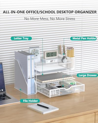 WALI Desk File Organizer, 4 Tier Desktop Paper Letter Tray Organizer with Drawer and 2 Pen Holders, Office Desk Accessories & Workspace Organizers for Office, Home Supplies(DO005DH-W), 1 Pack, White - Image 2