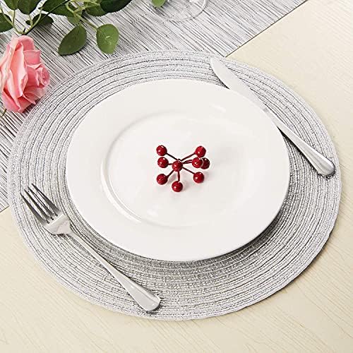 SHACOS Glitter Silver Placemats Set of 8 Sparkle Bling 15 inch Round Braided Table Mats Washable Place Mats for Dining Table Home Christmas Holiday Decor (Silver, 8) - Image 6