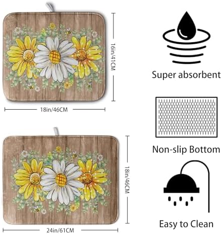 Rustic Daisy Floral Dish Drying Mat for Kitchen Counter Spring Summer Sunflower Dish Drying Mat Bee Absorbent Microfiber Dish Mat Reversible Dish Drainer Rack Mat 16x18 Inch - Image 2