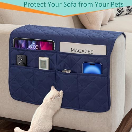 Sofa Armrest Organizer with 6 Pockets, Non-Slip Couch Recliner Armchair Caddy, Washable Remote Controls Holder, Storage for Magazine, Tablet (Navy) - Image 5