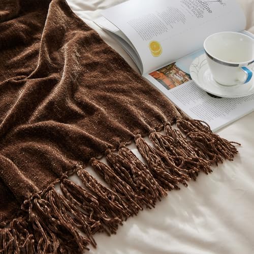 CozeCube Chenille Throw Blanket, Dark Brown Fringe Blanket, 60"X80" - Image 6
