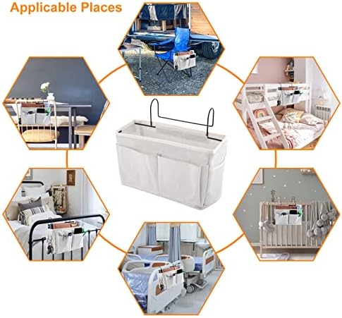 Surblue Bedside Caddy Bedside Storage Bag Hanging Organizer for Bunk, Hospital Beds, Dorm Rooms Bed Rails Camp 4 Pockets and 2 Hooks (White) - Image 7