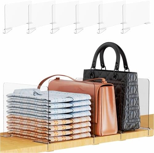 Yieach 6 Pack Acrylic Shelf Dividers for Closet Organization,Towel,Sweater,Purse Organizer - Adjustable Height - Vertical Shelf Separators for T Shirt,Clear Closet Shelf Divider for Wood Shelves by Yieach