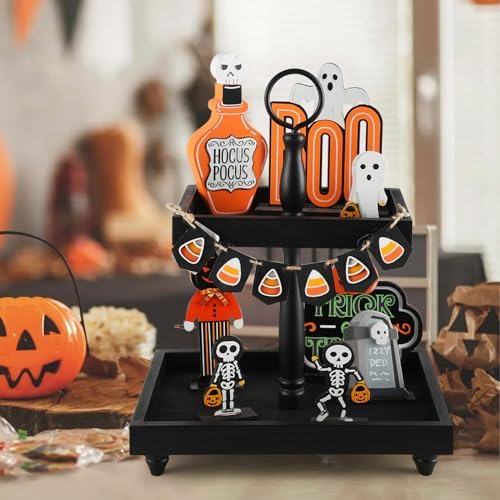 Tiered Tray Stand, Rustic Wooden 2 Tier Decorative Tray with Bead Garland, Farmhouse Square Wood Serving Tray Counter Centerpiece for Coffee Bar Home Decor Holiday Holloween Housewarming Gifts (Black) - Image 6