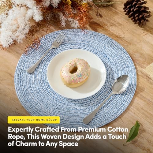 Round Placemats Set of 6-100% Cotton Two-Tone Placemat for Dining Table - Woven Braided Table Setting Place Mat - Washable Table Decor for Kitchen, Farmhouse, Rustic, Everyday Use, Dark Blue - Image 2