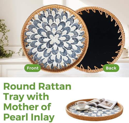 13.8" Round Rattan Tray with Mother of Pearl Inlay,Wicker Coffee Table Tray - Image 6