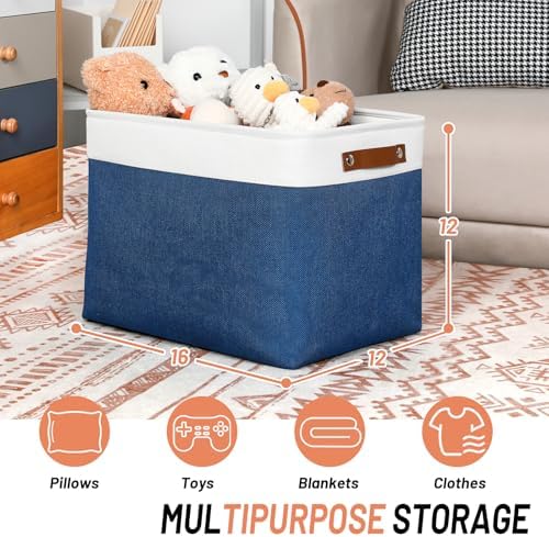 DULLEMELO Large Storage Baskets, Fabric Storage Bins for Organizing Foldable Linen Shelf Baskets for Clothes, Toys, Closet, Laundry (White&Blue,16"x12"x12"-1 Pack) - Image 2