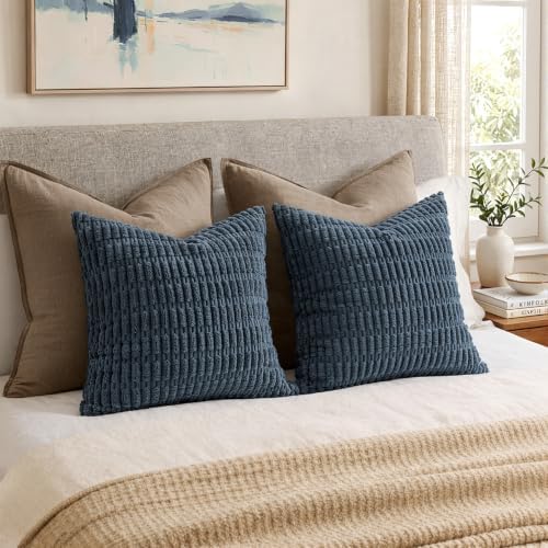MIULEE Euro Sham Corduroy Decorative Throw Pillow Covers 24x24 Blue - Image 2