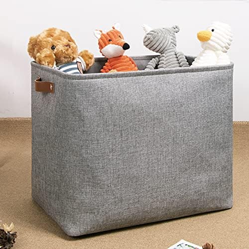 DULLEMELO Large Collapsible Storage Basket/Bin with Sturdy Leather Handles, Fabric Organizer Bin for Storage Clothes, Toys, Books, Office, Bedroom, Closet, Nursery & Laundry (Gray) - Image 4