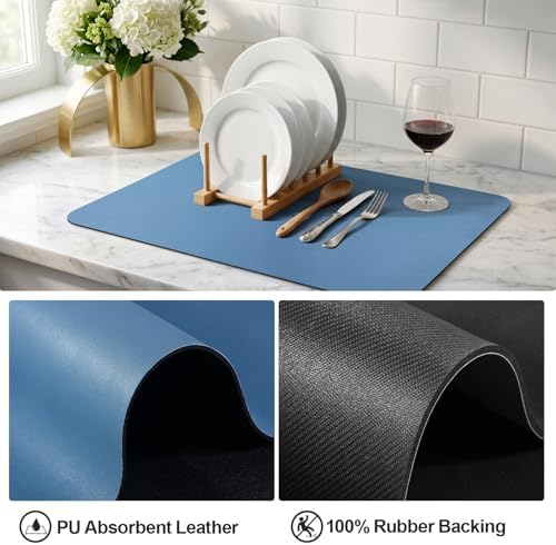 Ecotrim - Dish Drying Mat for Kitchen Counter | Coffee Bar Mat for Countertops | Heat Resistant Drainer Mat with Non-slip Rubber Backed | Hide Stain Kitchen Absorbent Draining Mat | Blue 16"x20" - Image 4