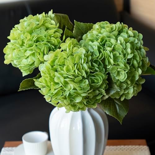 DUYONE 22" Real Soft Touch Hydrangea Artificial Flowers Realistic,Large Long Stem Fake Flowers Full Latex Faux,Wedding Bouquet,Party Home Decor,Garden Office Room Table Centerpieces Green 3Pcs by DUYONE