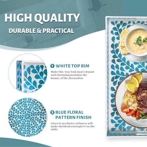 MAONAME Plastic Serving Tray with Handles, Rectangle Blue Decorative Tray - Image 4
