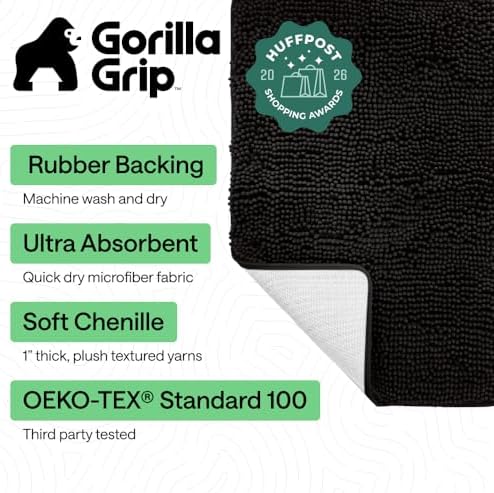 GORILLA GRIP Bath Rug Mat for Bathroom, Absorbent Chenille, 30x20 Black - Image 2