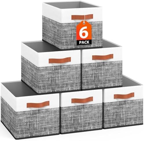 Fab totes Collapsible Storage Baskets for Shelves,14"x10", 6 Pack Foldable Fabric Storage Bins with Double Leather Handles, Large Baskets for Organizing Books, Clothes, White & Black by Fabtotes