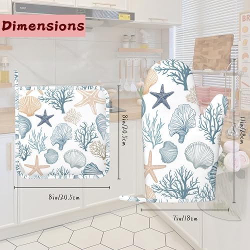 Starfish Coral Shells Ocean Silicone Oven Mitts and Pot Holders,Heat-Resistant 4 Piece Kitchen Set Non-Slip Oven Gloves and Hot Pads for Cooking, Baking, Grilling,BBQ - Image 2