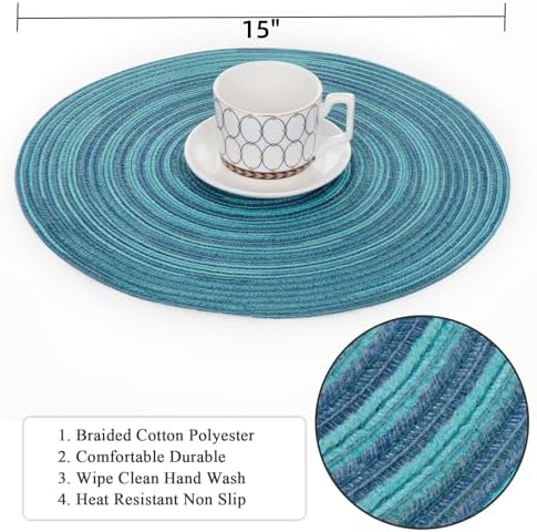 SHACOS 15 inch Round Placemats Set of 8 Variegated Multicolor Place Mats Cotton Polyester Braided Non Slip Washable Heat Resistant Table Mats for Home Wedding Dinner Party Table Decor, Rainbow Teal - Image 4