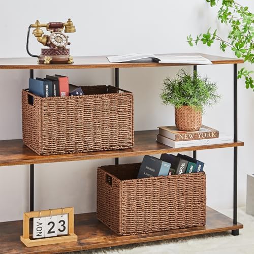 Vagusicc Wicker Storage Basket, Set of 2 Hand-Woven Paper Rope Wicker Basket, Small Storage Baskets for Organizing Toilet Paper Basket, Foldable Large Cube Storage Organizer Bins for Shelves (Brown) - Image 3
