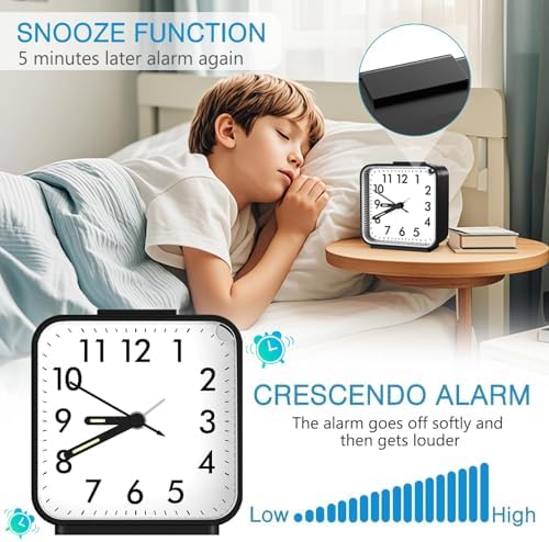 AMIR Analog Alarm Clock, Silent Non Ticking Small Clock, Travel Alarm Clock with Snooze & Light, Ascending Beep Sounds, Battery Operated Loud Alarm Clock for Bedroom, Bedside, Desk (Black) - Image 3