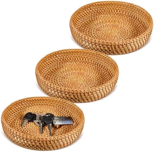 Hushee 3 Pcs Small Wicker Key Basket Entryway Table, Brown, Round by Hushee