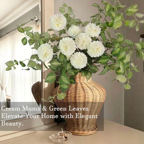 6PCS Cream Mums Long Stem Faux Fall Flowers Realistic Artificial Fall Flowers Indoor 25.5" Faux Silk Mums Flower Stems for Vases Flowers Artificial for Decoration Farmhouse Home Decor - Image 2