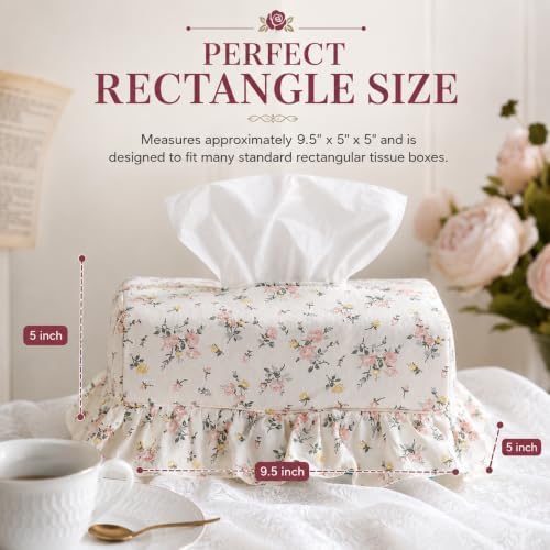 Cotton Tissue Box Cover, Thick Padded Rectangle with Lace, Rose Floral - Image 5
