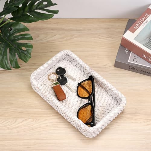 Hipiwe Decorative Key Tray for Entrayway Table Whitewash Rattan Basket Tray - Image 2