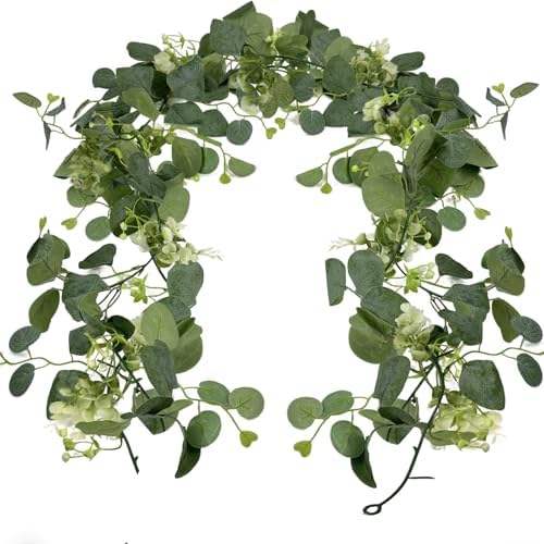2 Pcs Artificial Eucalyptus Garland 5.9 Ft Faux Hanging Eucalyptus Leaves Vines with Flowers for Home Wedding Party Wall Decoration by CoolCrafts