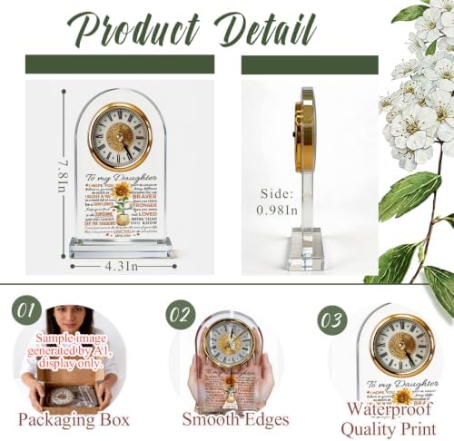 WKYAER Acrylic Desk Clock for Daughter, Motivational Timepiece with Loving Message, Inspirational Keepsake, Sunflower Design, Family Love Gift, Mother's Day Birthday Gift from Daughter, 4.3 x 7.8 in - Image 2